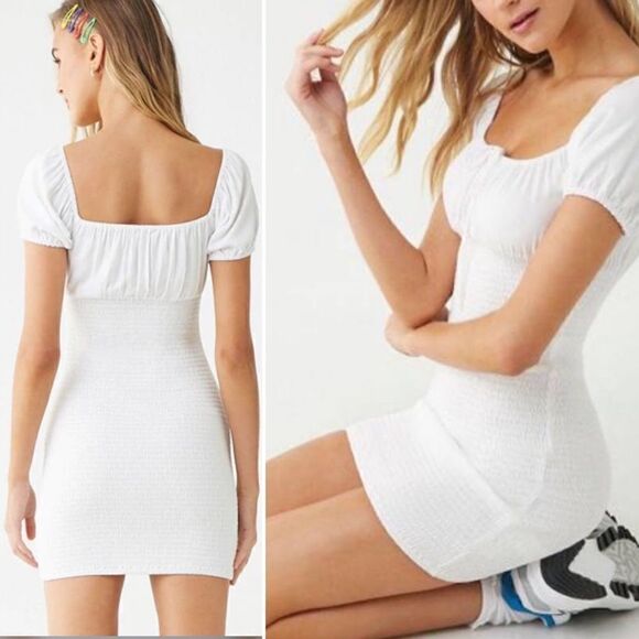 FOREVER 21 women’s smocked body con white dress sz S - Picture 2 of 6